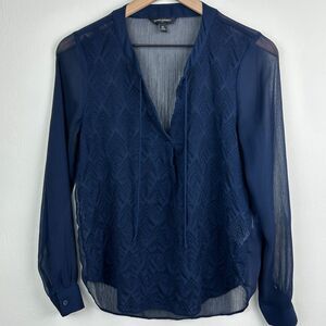Banana Republic Factory Sheer Blouse Womens XS Navy Embroidered Bohemian Ladies